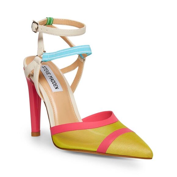 NWOT Steve Madden AFORD Yellow Multicolor Mesh Toe Stiletto Ankle Strap Heel, 7 - Picture 1 of 15